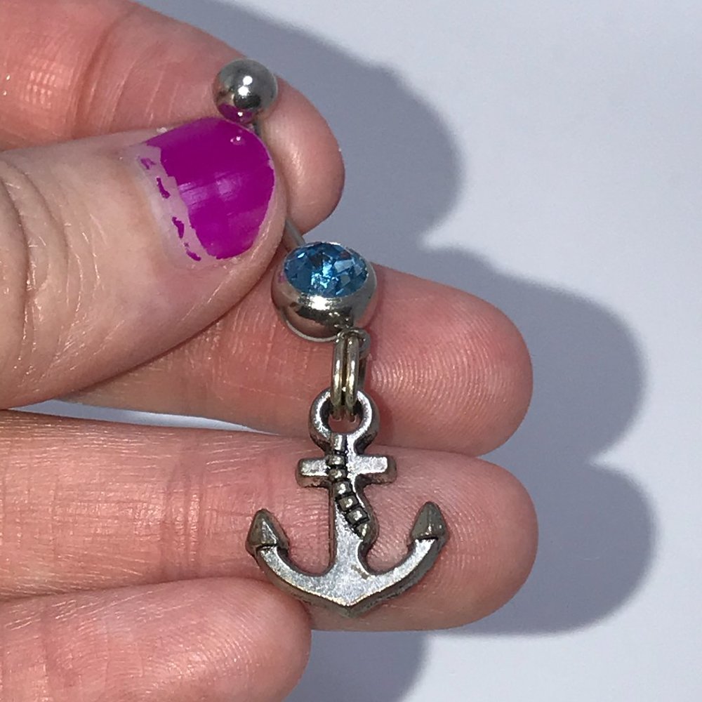 Small Anchor with Aqua Blue Gem Dangle Belly Ring